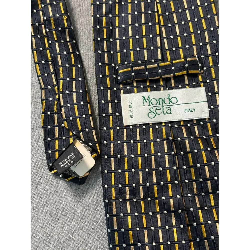 NWT Mondo Seta Italy 100% Silk Tie Navy Blue Gold Grid Geometric